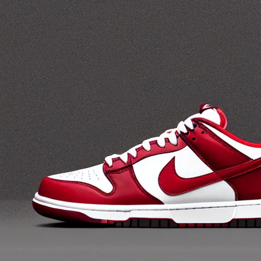 Image similar to a press photograph of nike dunk low red and white, size 1 0, white background