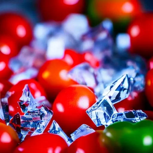 Prompt: photo of [ crystalized ] [ tomato ] taken with canon eos - 1 d x mark iii, bokeh, sunlight, studio 4 k
