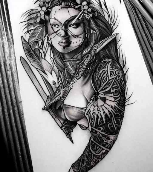 Image similar to tattoo design of a hyper realistic beautiful girl warrior, hyper detailed, inspired by eliot kohek, on white background