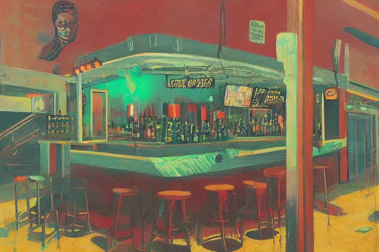 Image similar to scene from louisiana swamps, bar, neon cross, voodoo, artwork by tim eitel