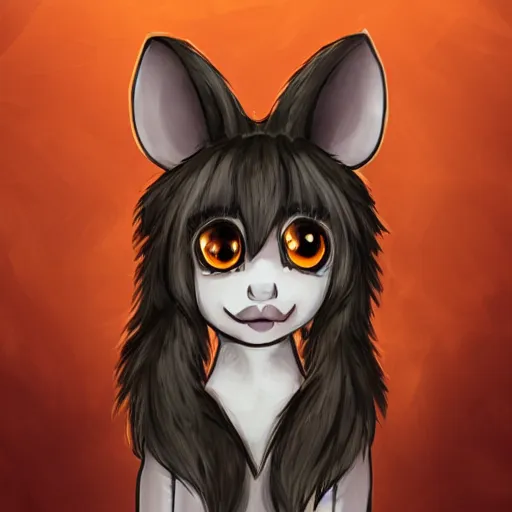 Image similar to headshot of young female furry, D&D, cute, fantasy, intricate, long hair, dark grey skin, mouse face, mouse nose, dark skin, mouse head, mouse ears, black hair, elegant, highly detailed, cartoony, artstation, concept art, smooth, sharp focus, illustration, art by Diives