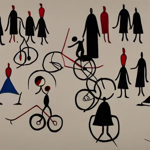 Image similar to an acryllic painting of a group of strange people, on a pale background, muted palette mostly white, black, gray, dark red, dark blue, figure riding penny farthing, woman in long dresses with parasol, astronaut, objects and shapes are scattered around the composition, minimalistic, mixed media, in the styles of both joan miro and mark rothko