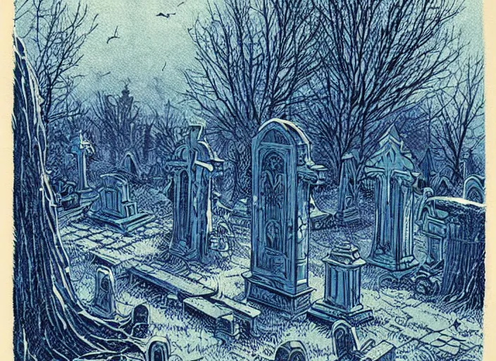 Prompt: blue woodcut print, halloween whitch in graveyard at midnight by greg rutkowski, fine details, highly detailed