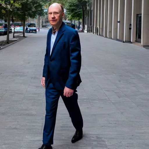 Prompt: a giant middle aged balding blue eyed white man dressed in a white shirt, gray pants and black dress shoes walking in a miniature city