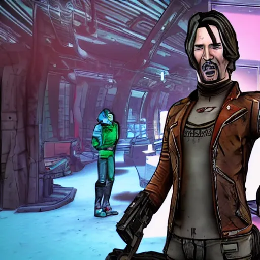 Prompt: Screenshot from new Borderlands Matrix crossover DLC featuring Keanu Reeves as Neo, 8k photorealistic