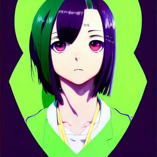 Image similar to anime poster film still portrait, young woman, black black black woman, purple colored eyes, purple colored eyes, white french bob, green colored bomber jacket, detailed facial features, dynamic pose, cute face by ilya kuvshinov, yoh yoshinari, makoto shinkai, rimlight, cel shaded, 4 k