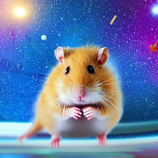 Image similar to hamster skating through space, colorful, realistic, photorealism