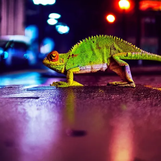 Image similar to a high quality low wide angle photo of a chameleon on the streets of a cyberpunk city, rainy, reflective ground, neon lights, realism, 8k