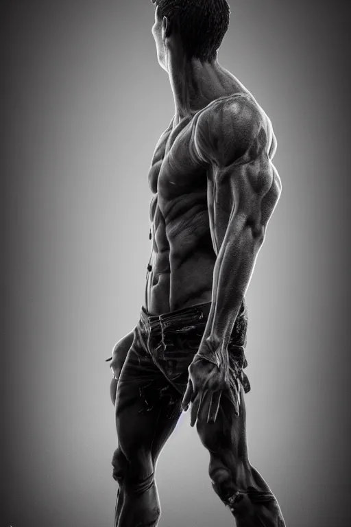 Image similar to a single muscular man wearing torn clothes, looking to the right, profile picture, hyperrealistic, concept art, octane render, unreal engine 5, trending on artstation, high quality, highly detailed, 8 k, dramatic lighting, cinematic, high coherence, anatomically correct, five fingers, digital art, seductive, black and white