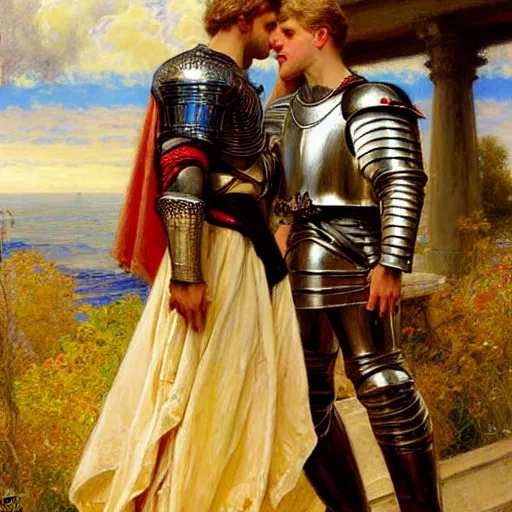 Image similar to attractive fully clothed arthur pendragon confesses his love for his attractive fully clothed male knight. highly detailed painting by gaston bussiere and j. c. leyendecker 8 k