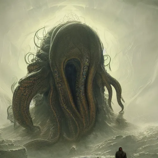 Image similar to human looking at big monstrosity portrait of Cthulhu, hyperdetailed, artstation, cgsociety, by greg rutkowski, by Gustave Dore