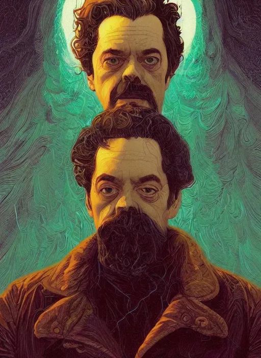 Prompt: poster artwork by Michael Whelan and Tomer Hanuka, Karol Bak of portrait of Stanley Kubrick, from scene from Twin Peaks, clean