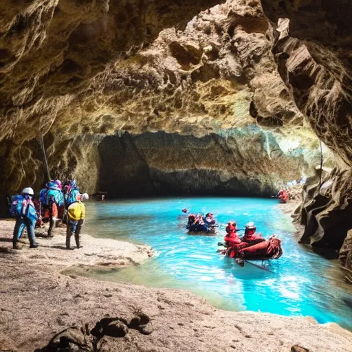 Image similar to photo of spelunkers in caving gear exploring a beautiful majestic cave full of geodes, crystals, and gemstones. there is a natural river of turquoise water. professional journalistic photography from national geographic.