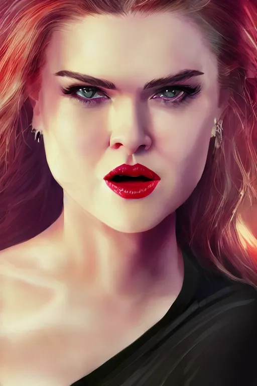 Prompt: mix of beautiful young maria shriver, mariel hemmingway, brooke shields, nicole kidman and elle macpherson as a vampire with mouth open with sharp teeth, thin lips, hair tied up in a pony tail, dark blonde hair, colorful, artstation, cgsociety