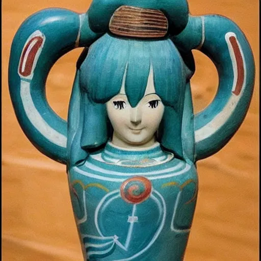 Prompt: ancient painted greek urn depicting the anime vocaloid singer hatsune miku, blue long twintail hair.