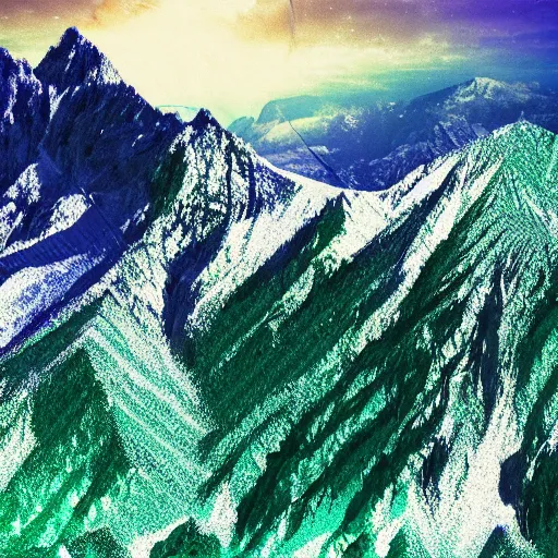 Prompt: Mountain bright HD 4k Green and black Realistic colorful Glitching crystal in the style of nam das