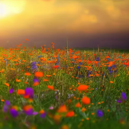 Prompt: field of wildflowers at sunrise, concept art, highly detailed, high quality, bright colors,