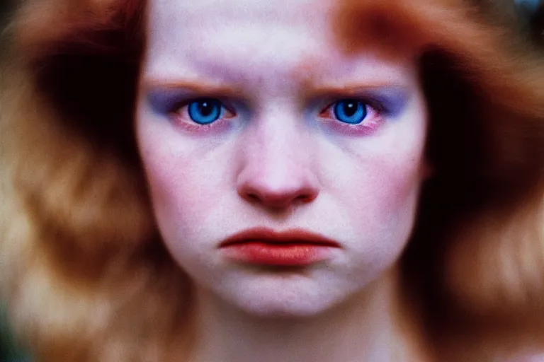 Image similar to close up portrait photography of a symmetric white ginger woman face with blue eyes, soft light, 35mm, film photo, Joel Meyerowitz