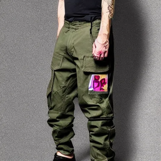 Image similar to cargo pants clothing tagged with graffiti letters