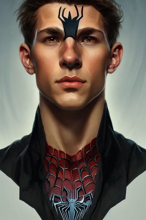 Prompt: portrait of a young spiderman handsome, male, masculine, upper body,, fantasy, fierce, sharp features, intricate, elegant, highly detailed, digital painting, artstation, concept art, matte, sharp focus, illustration, art by artgerm and greg rutkowski and alphonse mucha