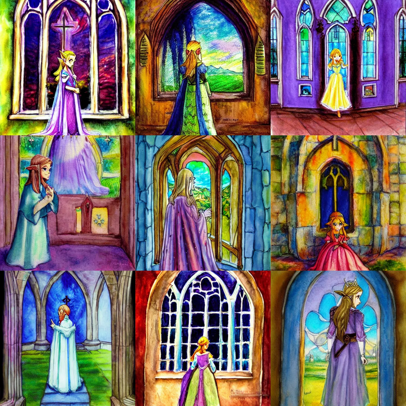 Prompt: princess zelda in front of church window, surrealism, impressionism, pastel, watercolor
