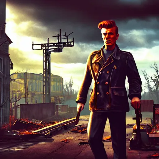 Image similar to fallout 4, charismatic david bowie, portrait, outdoors ruined cityscape, atmospheric lighting, painted, intricate, volumetric lighting, beautiful, daytime, sunny weather, slight overcast, sharp focus, deep colours, ultra detailed, by leesha hannigan, ross tran, thierry doizon, kai carpenter, ignacio fernandez rios