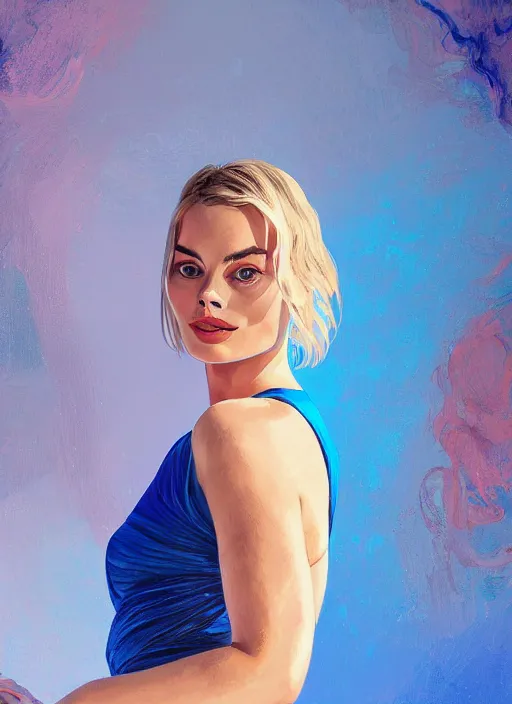 Image similar to margot robbie blue dress detailed clothing, half body shot, arms down, path traced, highly detailed, high quality, digital painting, alena aenami, lilia alvarado, shinji aramaki, karol bak, alphonse mucha, tom bagshaw