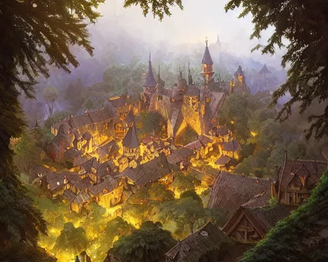 Image similar to small medieval village next to a forest, aerial view, deep focus, d & d, fantasy, intricate, elegant, highly detailed, digital painting, artstation, concept art, matte, sharp focus, illustration, hearthstone, art by artgerm and greg rutkowski and laura sava and alphonse mucha