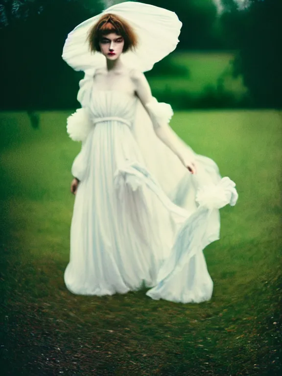 Image similar to cinestill 5 0 d photography of a woman lucy rosiek 3 / 4 style of paolo roversi, dress in voile, hair like puffy dark clouds, matt colours, soft blur outdoor background, volumetric lighting, hyperdetailed, hyperrealistic