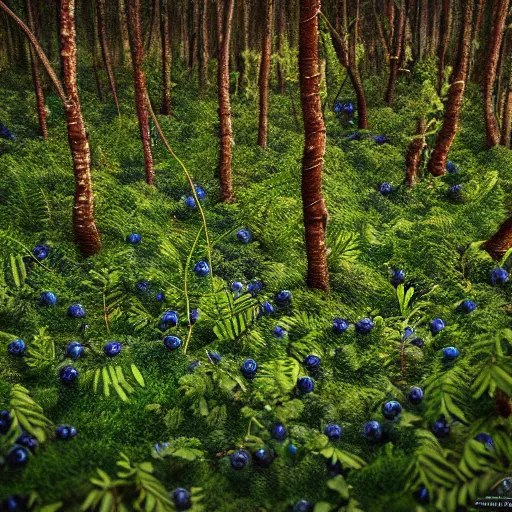 Image similar to artistic medium close-up render of blueberry bushes in a forest. Digital art. 4K. Trending on artstation. Highly detailed. Nature Artistic. Rustic. Nordic