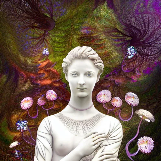 Image similar to a fully dressed idealistic marble statue with beautiful porcelain face with fractal flowery hair in a fractal garden, glowing delicate flower and mushrooms that grow in a dark fatansy forest on the planet pandora,, symmetrical,