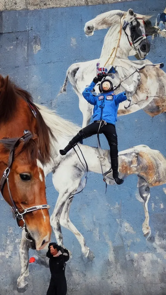 Prompt: astronaut takes a selfie, a horse riding an astronaut, a horse in the background, no gravity, street art, stencill