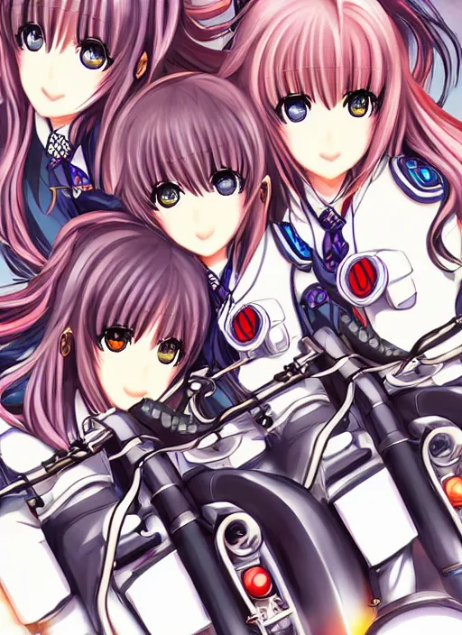 Prompt: motorcycle waifu in animanga super detailed eyes eyebrowless symmetry face visual novel hairpin star clannad shuffle toheart pattern illustration japanese