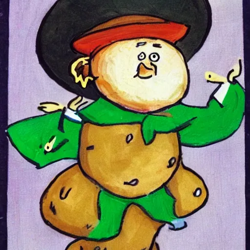 Prompt: a potato dancing an Irish jig wearing a top hat