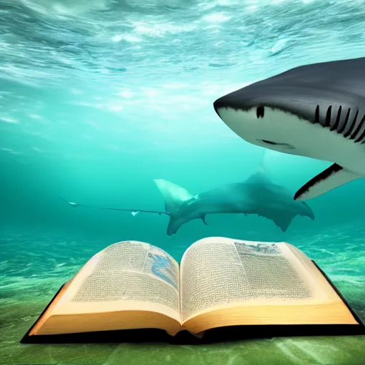 Prompt: a shark underwater reading a book realistic hdr photoshoot