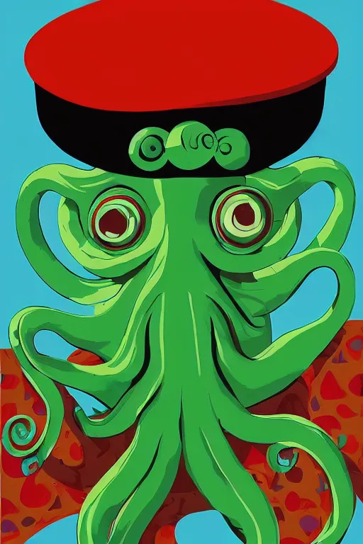 Image similar to a movie poster for the film (green octopus wearing a top hat) by Tom Whalen, highly detailed, award winning creature portrait, surrealism, artstation