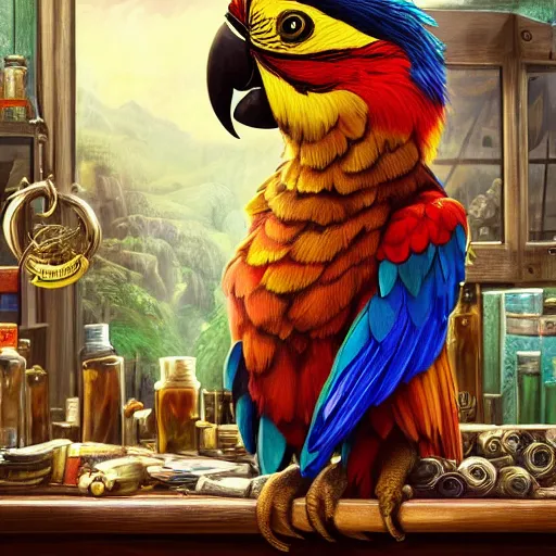 Prompt: Anthropomorphized parrot trader in his shop, selling his wares, portrait, items, gold, magic potions, carpet, window, sly expression , cunning expression, cute expression, cute eyes, presenting wares, holding a gold bag, D&D, fantasy, cinematic lighting, highly detailed, digital painting, artstation, concept art, smooth, sharp focus, illustration, warm light, cozy warm tint, magic the gathering artwork, volumetric lighting, 8k, art by Akihiko Yoshida, Greg Rutkowski