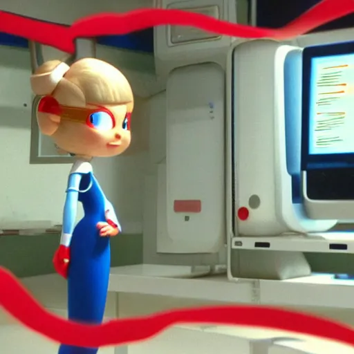 Image similar to pixar - style rendering of : roll is repairing computers in dr. light's laboratory. roll is a cute female ball - jointed robot ( inspired by osamu tezuka ) who has blonde hair with bangs and a ponytail tied with a green ribbon. she is wearing a red one - piece dress with a white collar, and red boots.