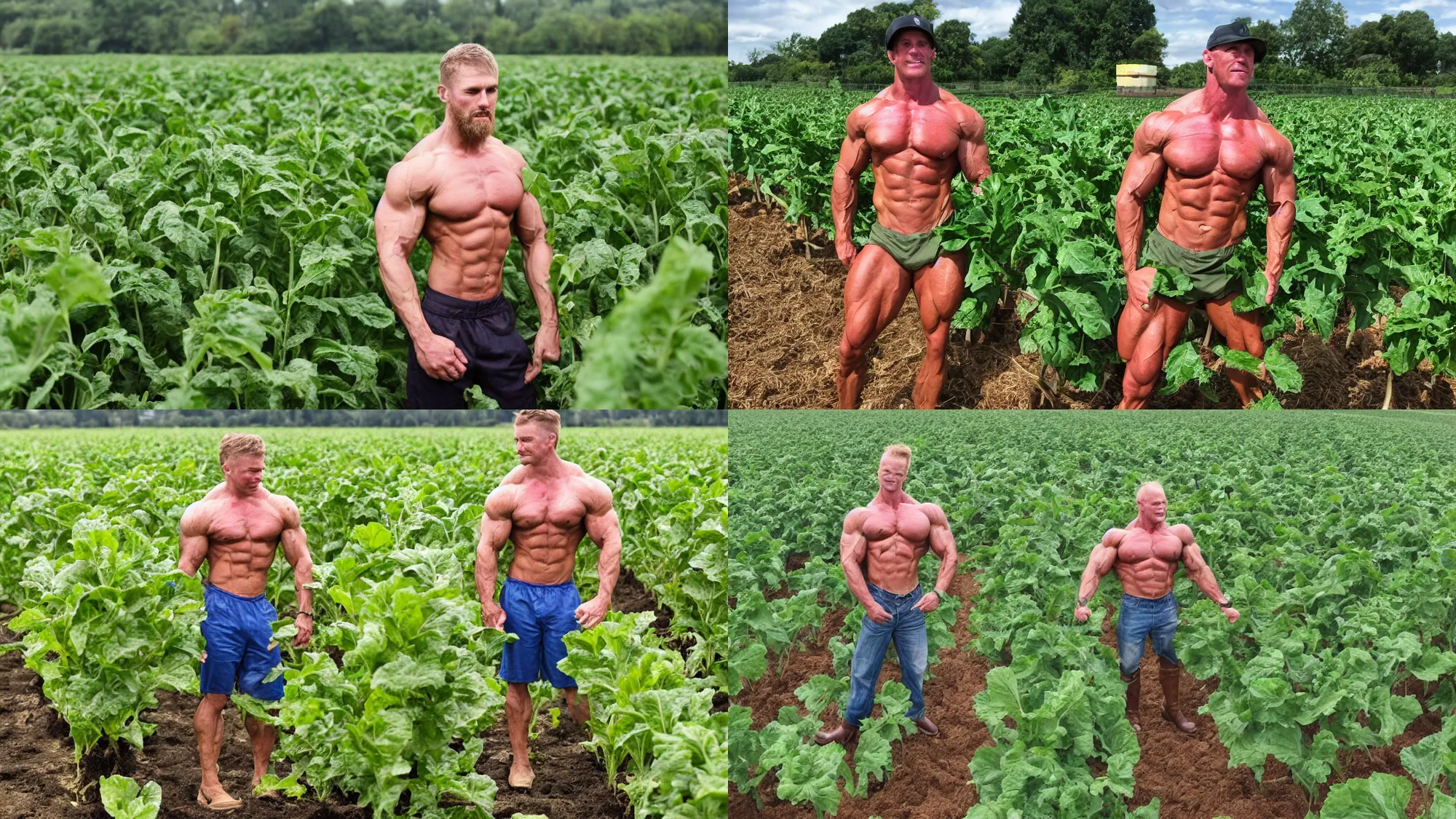 Prompt: bodybuilder farmer surveying his crops