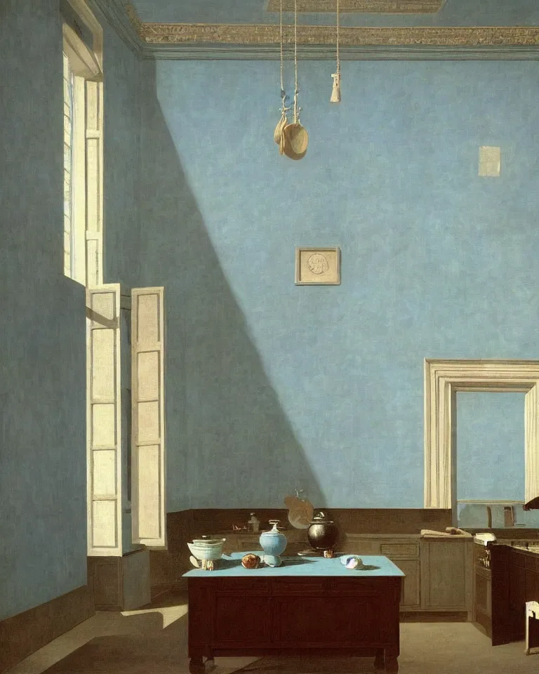 Image similar to achingly beautiful painting of a sophisticated kitchen on baby blue background by rene magritte, monet, and turner. giovanni battista piranesi.