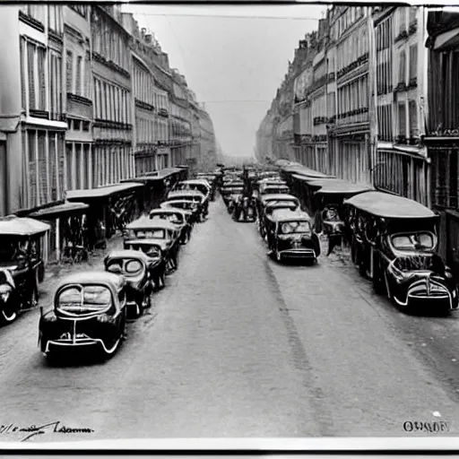 Prompt: une rue de paris vide avec des voitures garees en 1 9 4 5