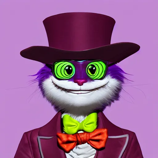 Prompt: The Cheshire Cat dressed up as Willy Wonka, digital art, trending on artstation