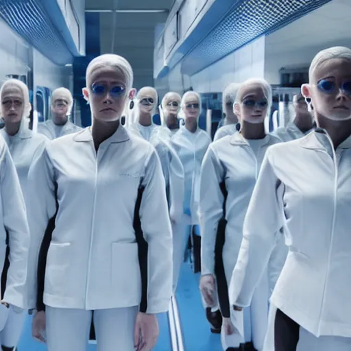 Prompt: troop of identical athletic female clones in formation, white hair, tight light blue neopren suits, in rows, futuristic chemistry lab, sci - fi, highly detailed, cinematic