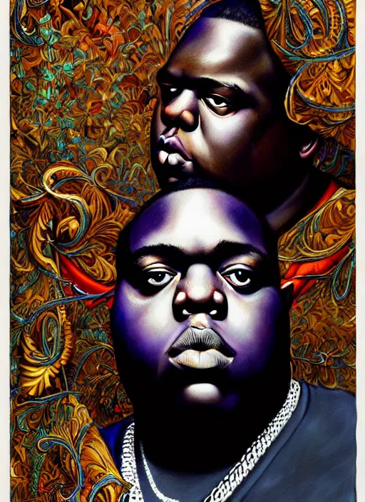 Prompt: : notorious big , fantasy magic,  , intricate, sharp focus, illustration, highly detailed, digital painting, concept art, jahbu art and Paul lewin and kehinde wiley, masterpiece
