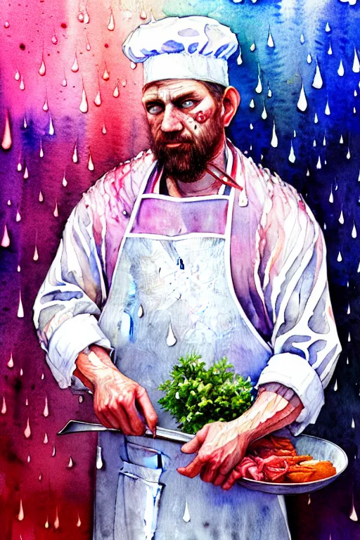 Image similar to watercolor portrait of a butcher with a white apron, raining, romantisism, outrun, pastel colors, painting, dramatic, detailed, by android jones