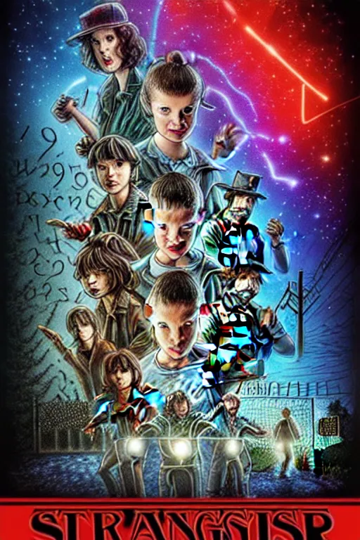 Image similar to Poster for the 5th season of Stranger Things, Demons, horror, pure evil, Series on Netflix, disaster, Hawkins, Vecna, Movie poster, poster, design, illustrative, Symmetry, Symmetrical, Border, Framed