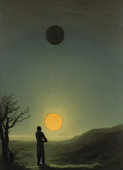 Image similar to a human silhouette observing an eclipse in the distance, painted by caspar david friedrich