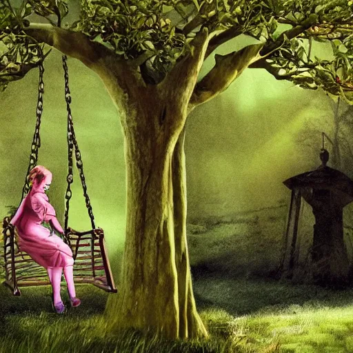 Prompt: a man sits in a swing by apple tree in a secret garden. a girl holds a key. folk horror. eerie. fine detail. realistic