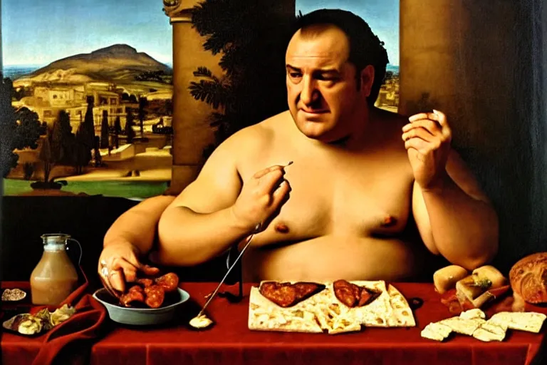 Image similar to tony soprano as a greek god eating gabagool, renaissance portrait