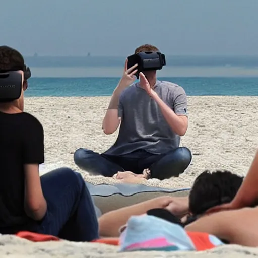 Prompt: mark zuckerberg wearing a vr headset on the beach